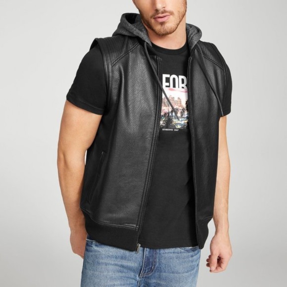 NEW G by GUESS Quicksand Faux-Leather Hooded Vest SZ M